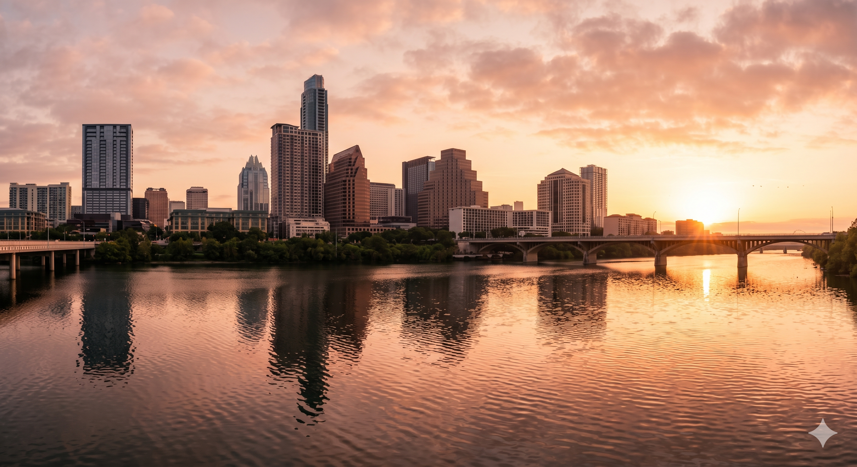 Austin skyline at sunrise from Lady Bird Lake